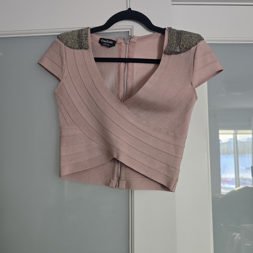 bebe Blush Pink Beaded-Shoulder Crop Top